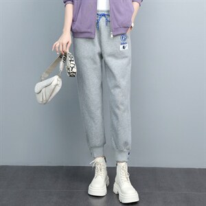 时尚刺绣加绒休闲裤女冬季新款显瘦百搭宽松长裤图片