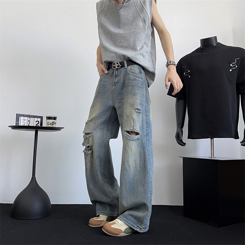 夏季破洞牛仔裤男款小众潮牌裤子美式高街直筒微喇裤N100-P50图片