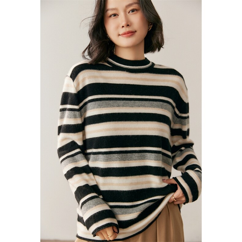 新款圆领条纹针织长袖套头上衣女,针织衫/毛衣,鸥蕊娅羊绒
