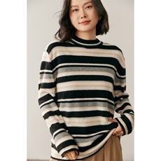 新款圆领条纹针织长袖套头上衣女，女装针织衫/毛衣，鸥蕊娅羊绒
