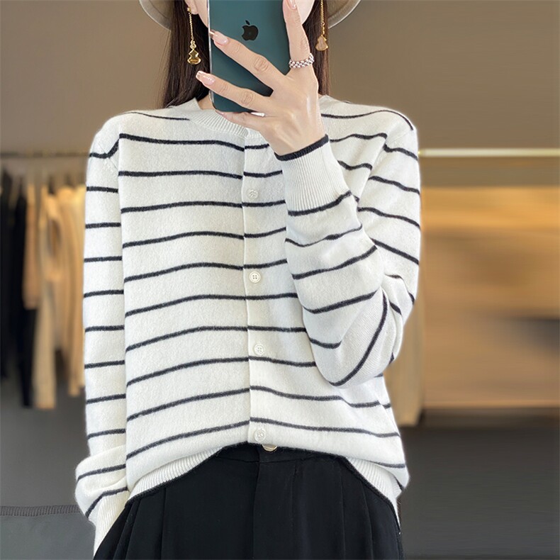 女士秋冬新款百搭简约时尚条纹圆领羊毛开衫,女装羊毛衫,悦玛羊绒