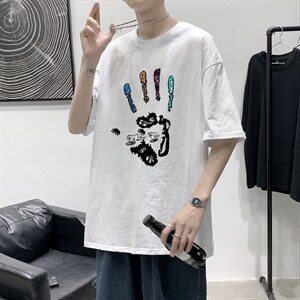 T2228P25港风室内复古印花夏款圆领短袖潮情侣宽松夏季半袖T恤图片