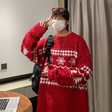 日系复古菱格麻花圣诞红色毛衣男情侣冬季慵懒风套头针织衫上衣，男装针织衫/毛衣，星座716-2