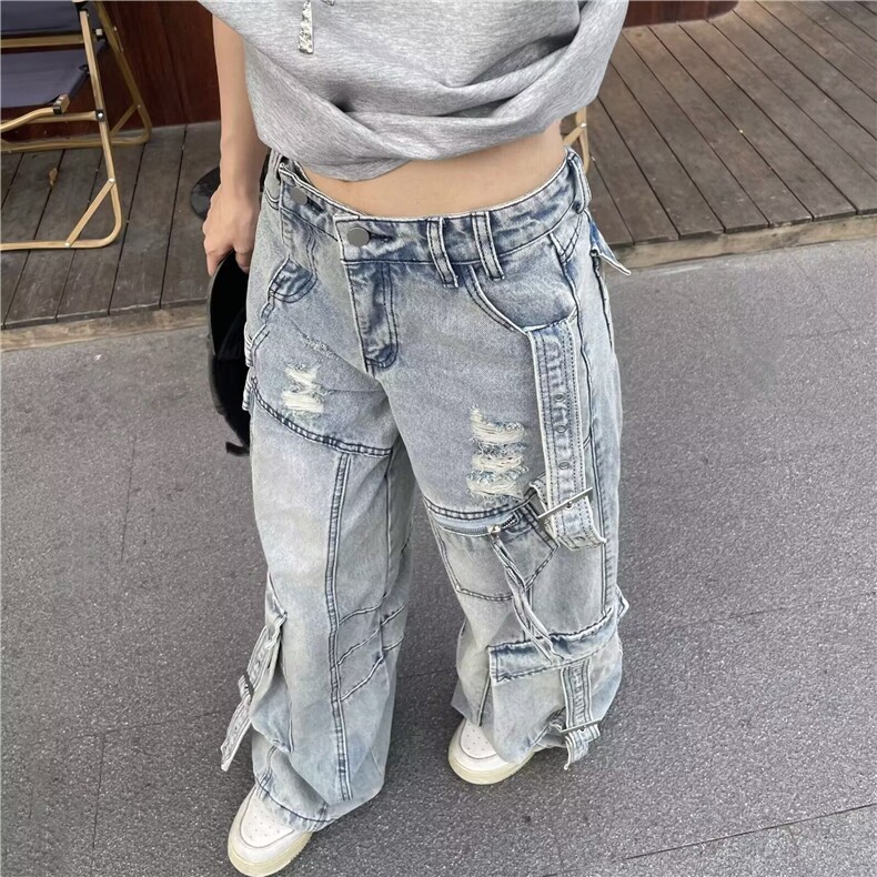 大码美式复古解构飘带工装牛仔裤女高街多口袋破洞宽松直筒阔腿裤,男装牛仔裤,星座506A