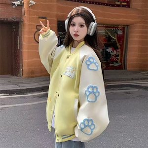 小清新蓝色棒球服外套女春秋百搭宽松学生撞色拼接甜酷夹克上衣女图片