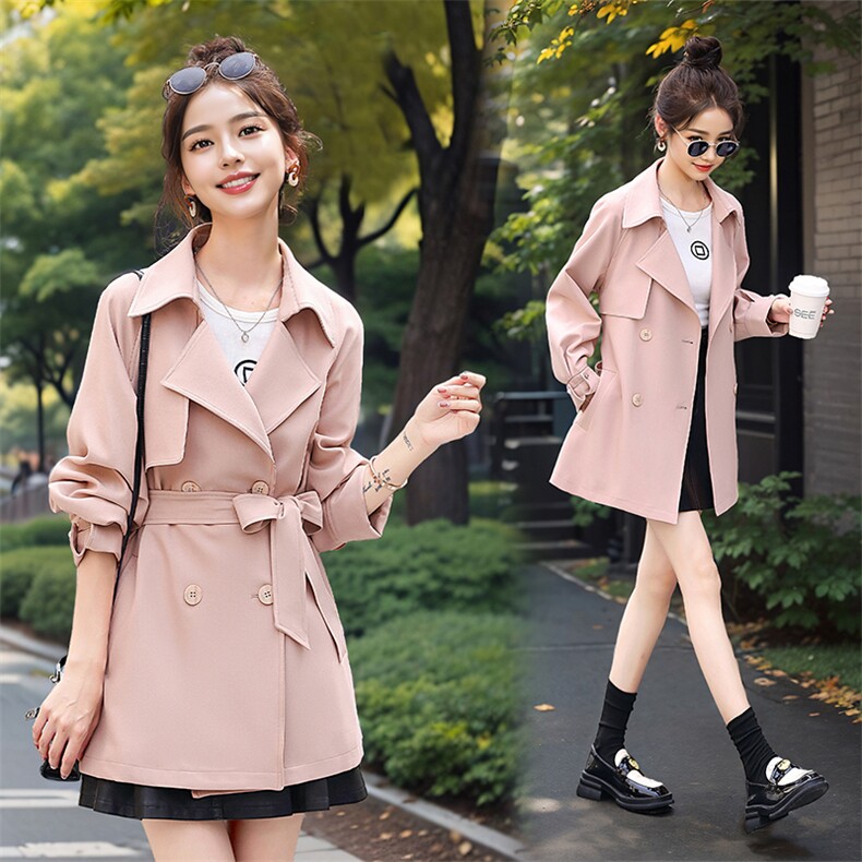 时尚纯色潮流气质优雅腰带修身显瘦中长款风衣外套2024年春季，女装风衣，流量+