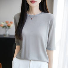 2025春季新款圆领短袖针织T恤中袖上衣女七分袖时尚百搭五分袖，女装针织衫/毛衣，暖烁特种纱工厂店