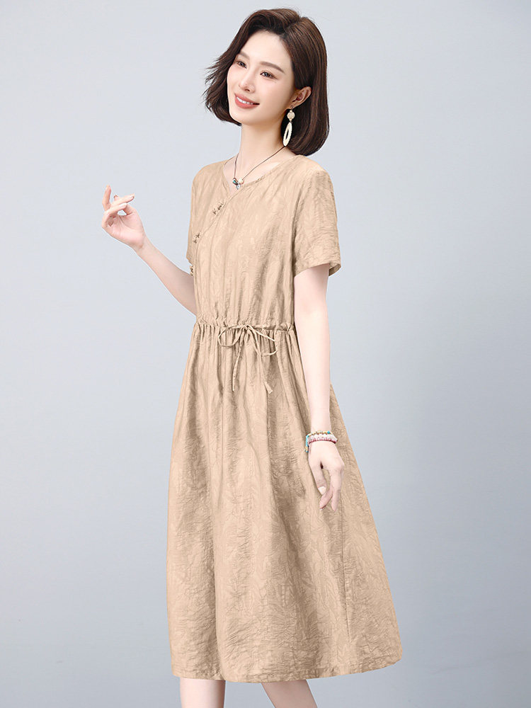2025夏装新款新中式盘扣收腰显瘦短袖连衣裙,女装连衣裙,雪樱依海