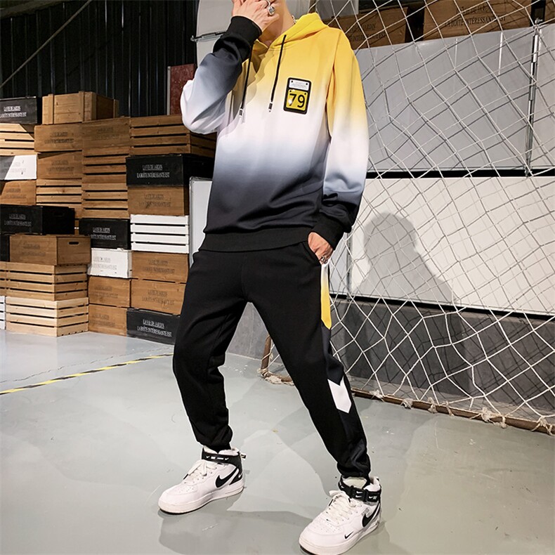 款加绒帅气百搭时尚连帽卫衣套装黄色D309-2T881,男装休闲套装,电商D321A
