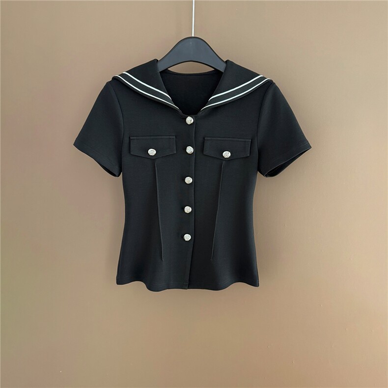 时尚休闲套装女夏季新款个性简约海军领纽扣设计短袖阔腿裤两件套,女装套装/套裙,江南