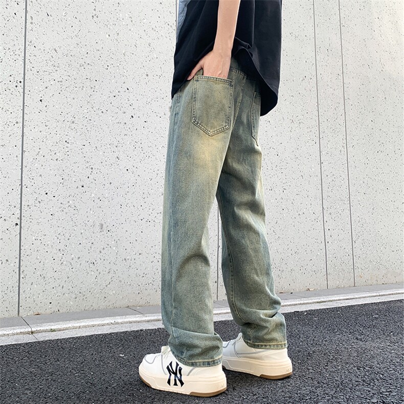 美式牛仔裤男款夏季水洗做旧黄泥染长裤潮牌高街宽松直筒裤子,男装牛仔裤,星座410-7