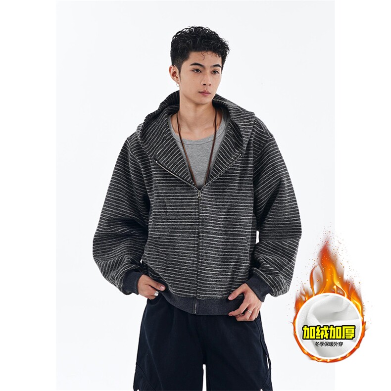 480G重磅加绒硬挺boxy男女秋冬美式高街条纹毛呢卫衣开衫厚外套，女装短外套，电商A486-1