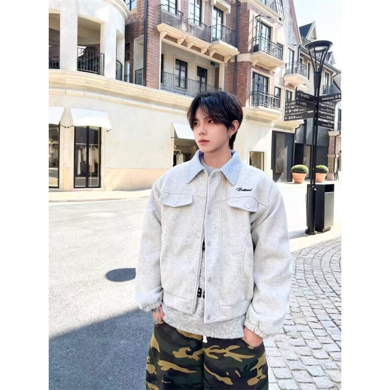 春秋新款扎染脏脏复古翻领皮夹克男女毛呢百搭痞帅机车服外套潮流图片
