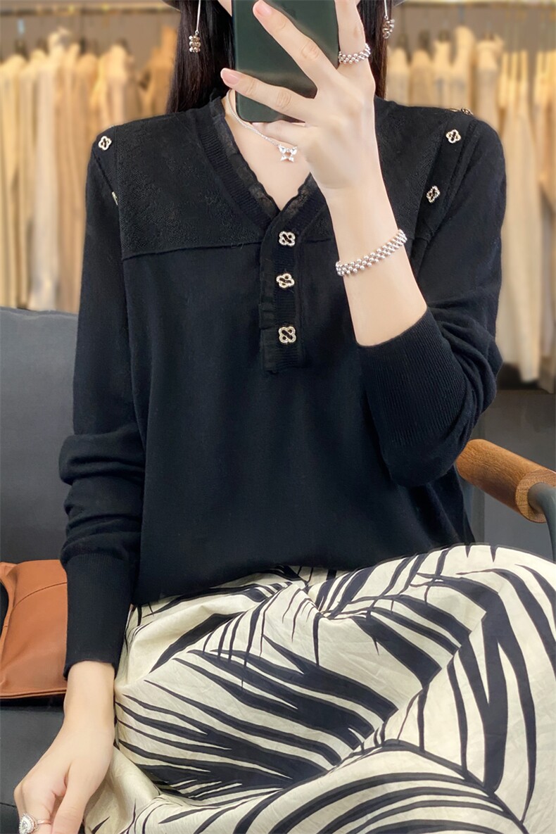 早秋新款精纺羊毛衫女V领四叶草蕾丝边长袖针织毛衣宽松上衣打底,女装羊毛衫,宛庄羊绒