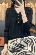 早秋新款精纺羊毛衫女V领四叶草蕾丝边长袖针织毛衣宽松上衣打底，女装羊毛衫，宛庄羊绒