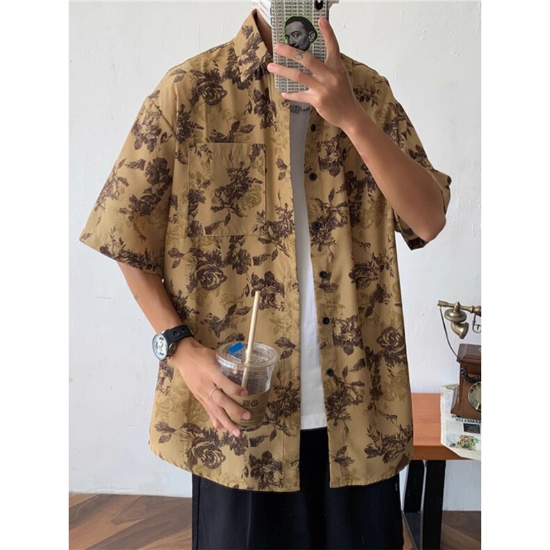 衬衫男港风cec复古高级感外套痞帅日系碎花上衣夏季潮牌短袖衬,男装T恤,星座218-1（原230）