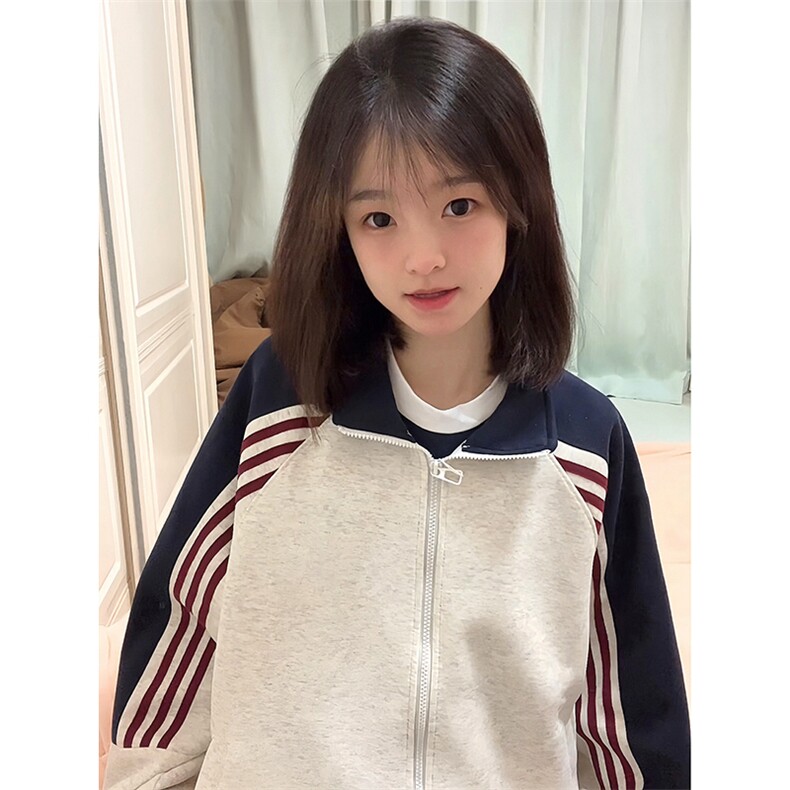 抖音得物高品质美式高街重磅结构织带拼接撞色立领卫衣外套CM41,女装短外套,电商A486-1