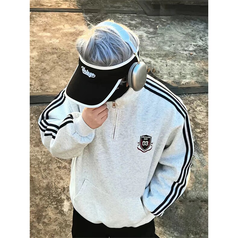 抖音得物美式全棉三条杠立领卫衣半拉链外套印花卫衣A2901,女装短外套,电商A443