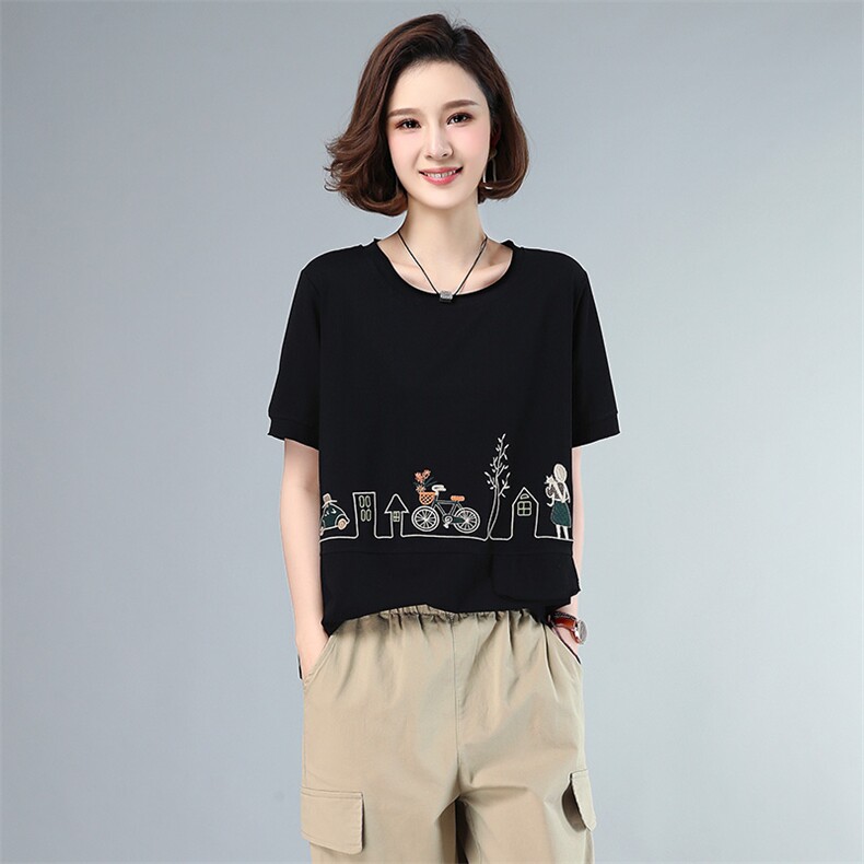 时尚个性刺绣图案宽松短袖T恤女夏季新款韩版百搭显瘦上衣856-1,女装T恤,依恋蒂丝