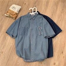 夏季牛仔衬衫男短袖休闲港风百搭韩版潮流宽松潮复古外套C055-P40,男装衬衫,星座1008