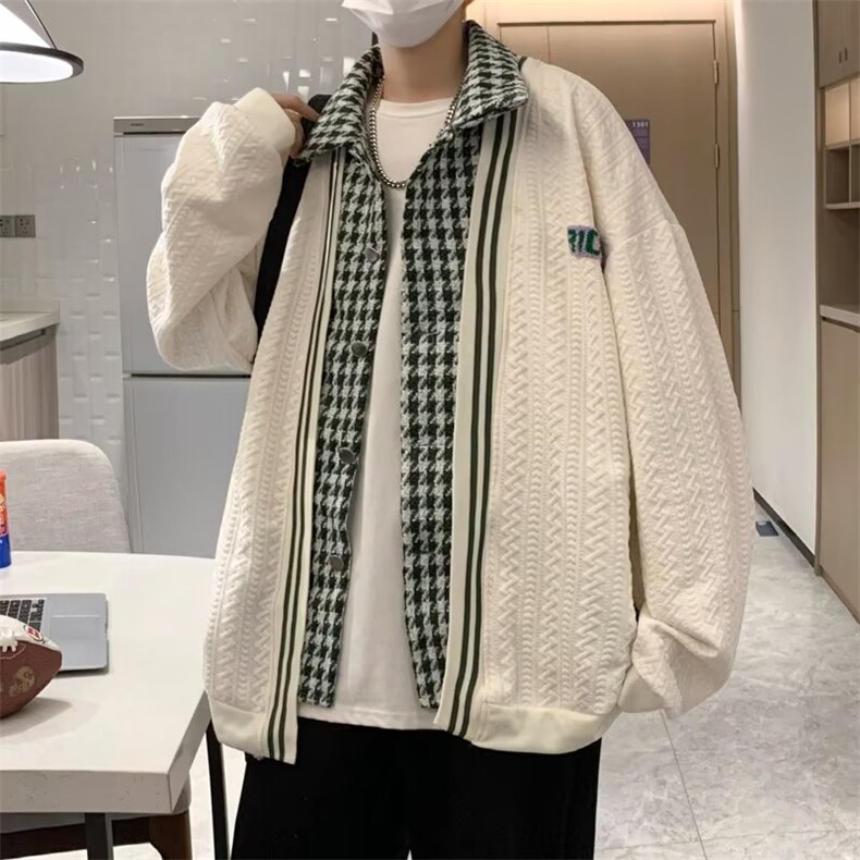 千鸟格开衫假两件外套男棒球服宽松慵懒风小香风卫衣秋季夹克J20,男装夹克,星座1116A-1（原606A）