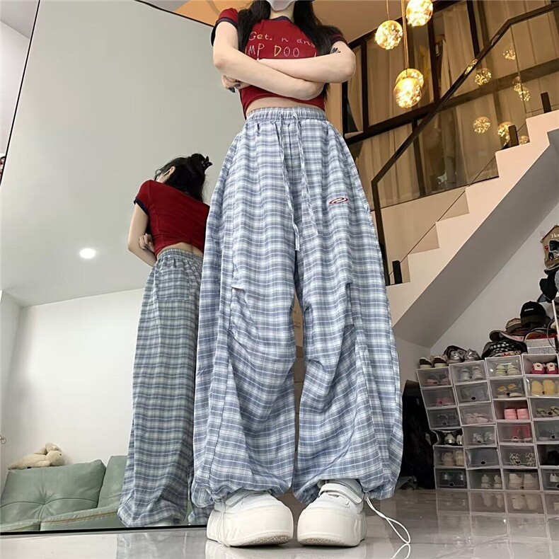复古格子褶皱阔腿裤女夏季新款高腰显瘦百搭两穿直筒束脚KA8021,男装休闲裤,星座1116A（原606A-3）