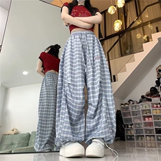 复古格子褶皱阔腿裤女夏季新款高腰显瘦百搭两穿直筒束脚KA8021，男装休闲裤，星座1116A（原606A-3）