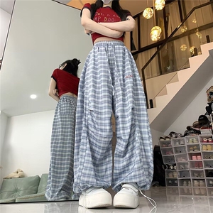 复古格子褶皱阔腿裤女夏季新款高腰显瘦百搭两穿直筒束脚 KA8021图片