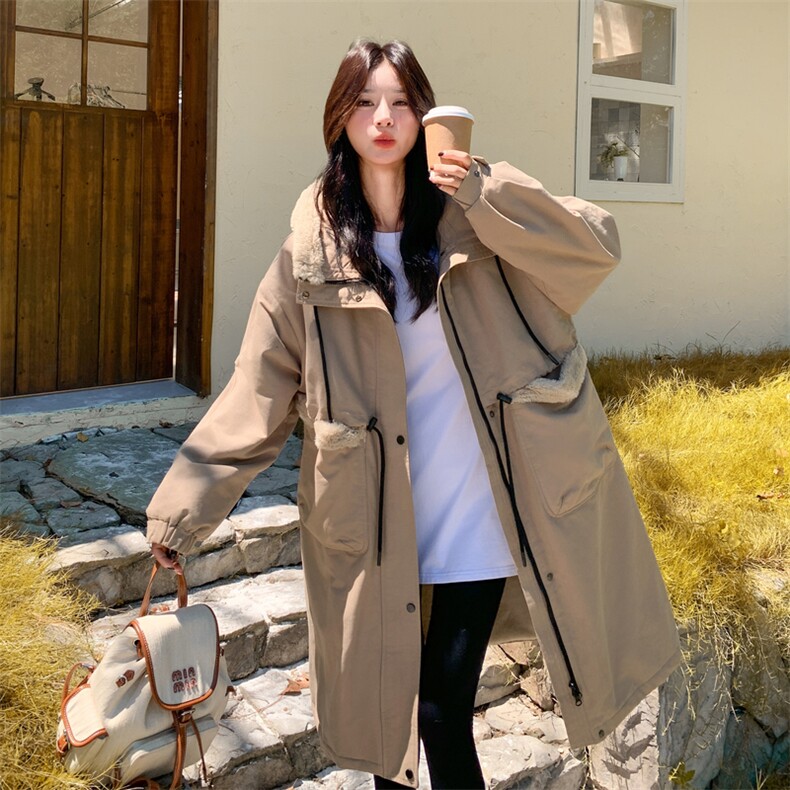 卡其色工装连帽派克服女冬季2025新款韩系中长款加绒加厚棉服外套,女装短外套,2B183