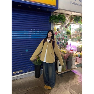 美式撞色水洗流行复古工装翻领男女夹克情侣休闲上衣潮牌薄款外套图片