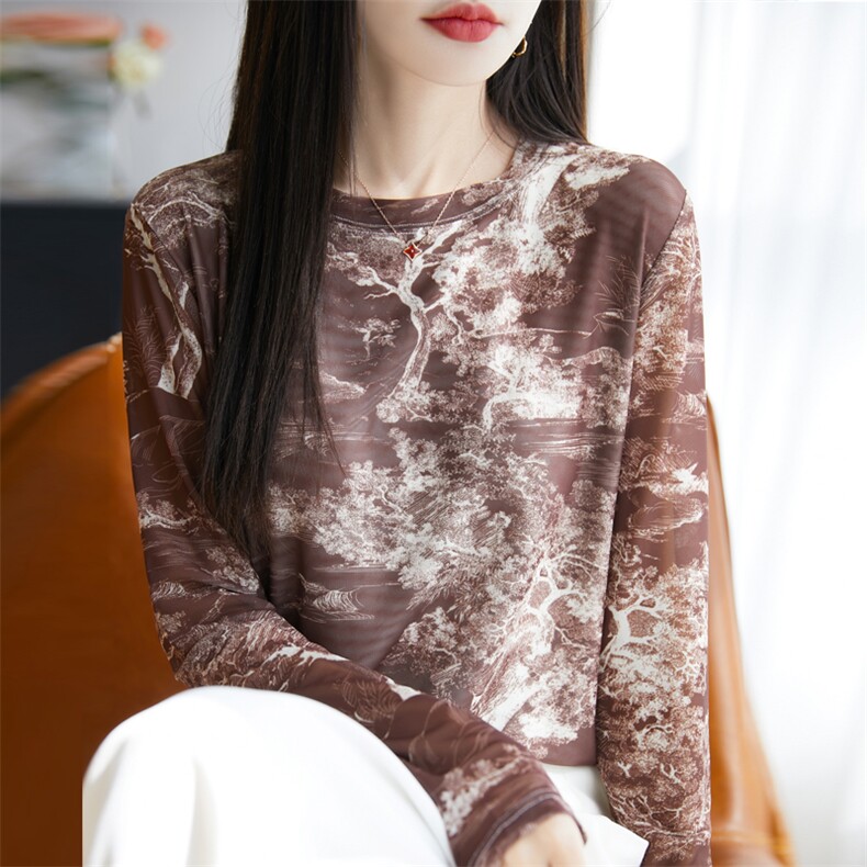 25春夏网纱拼接天丝长袖上衣女圆领印花打底衫宽松显瘦防晒衫T恤图片