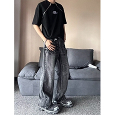 美式水洗黑灰渐变微喇牛仔裤男女高街Vibe直筒裤宽松休闲裤K706，男装休闲裤，星座601-1
