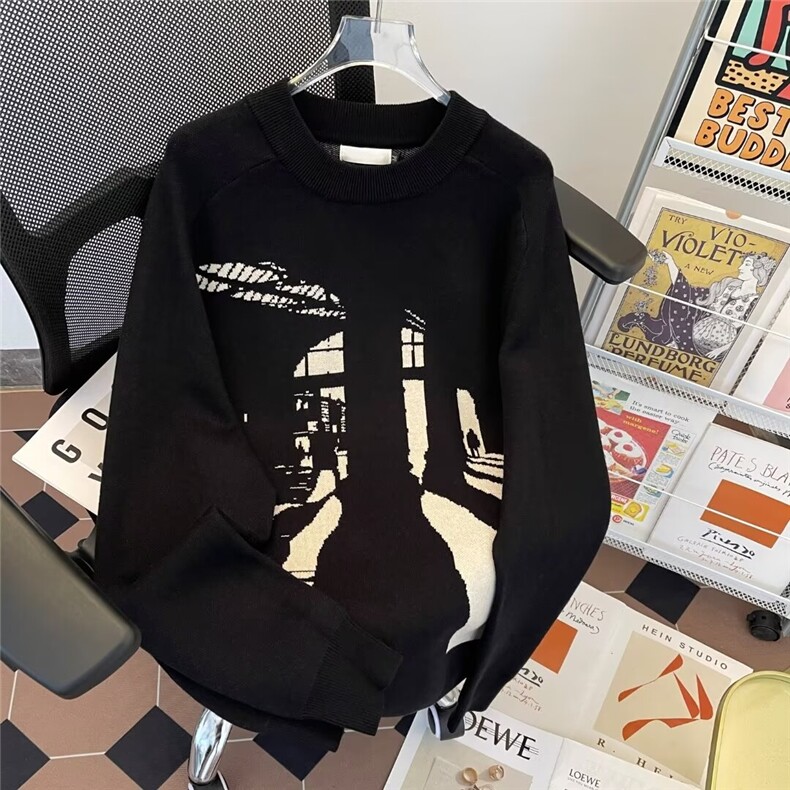 美式复古剪影印花毛衣男宽松休闲圆领套头针织衫上衣M6030/P51图片