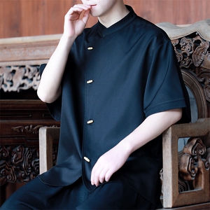 夏季新款男士新中式纯色木纹扣子斜开门襟立领衬衫T2522-P60控89图片