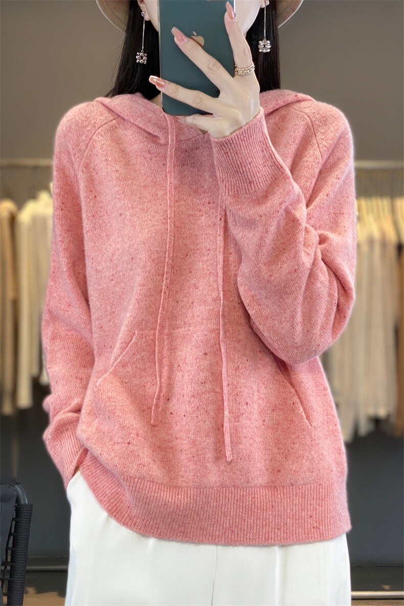 秋冬100%纯羊毛帽衫女亮丝加厚长袖针织衫卫衣宽松羊绒衫连帽上衣,女装羊毛衫,东远绒业