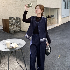 韩系复古牛仔套装女2025秋新款休闲百搭显瘦刺绣马甲阔腿裤两件套，女装套装/套裙，2C028