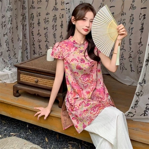 慕未家J夏装新款立领打褶中长上衣松紧腰短裤时尚国风套装熹58298图片
