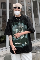 美式夏季重磅满天星卡通印花涂鸦宽松短袖男女T恤-H870-特P28，男装T恤，电商B289