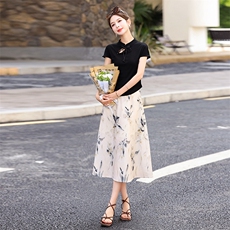 2025年夏季新款时尚新中式印花盘扣立领半身裙两件套，女装套装/套裙，蓝诺裳