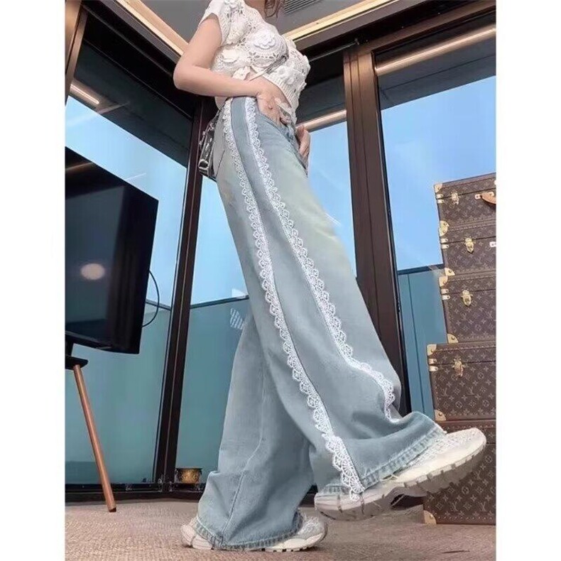 阔腿蕾丝牛仔裤女2025年新款显瘦大码拖地宽松设计感直筒-网图,女装牛仔裤,星座302B-2
