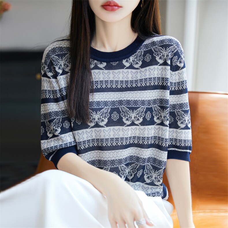 提花条纹莱塞尔针织V领短袖T恤圆领套头女25凉感舒适宽松显瘦上衣,针织衫/毛衣,大美人高端店