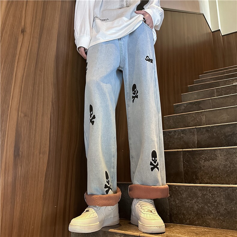 k1063J-p65-控88M-5XL立体印花水晶绒加绒港风高阶宽松牛仔裤微喇,男装牛仔裤,星座116
