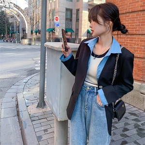 黑色拼接休闲西装外套女2023春季新款韩版小个子炸街洋气chic西服图片