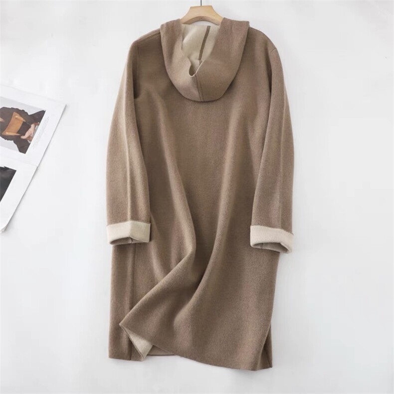 精品2024秋冬新款35%羊绒双面织连帽羊绒大衣外套，女装羊绒大衣，以美红杉羊绒