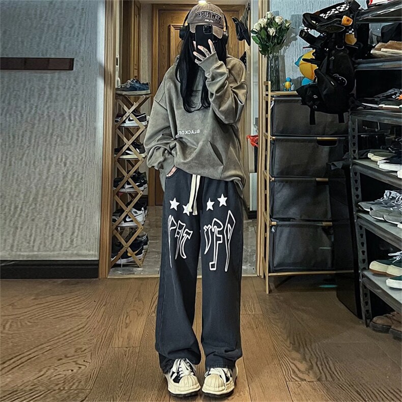 发泡印花牛仔裤男女港风潮牌宽松直筒阔腿裤高街痞帅裤NK806-P45图片