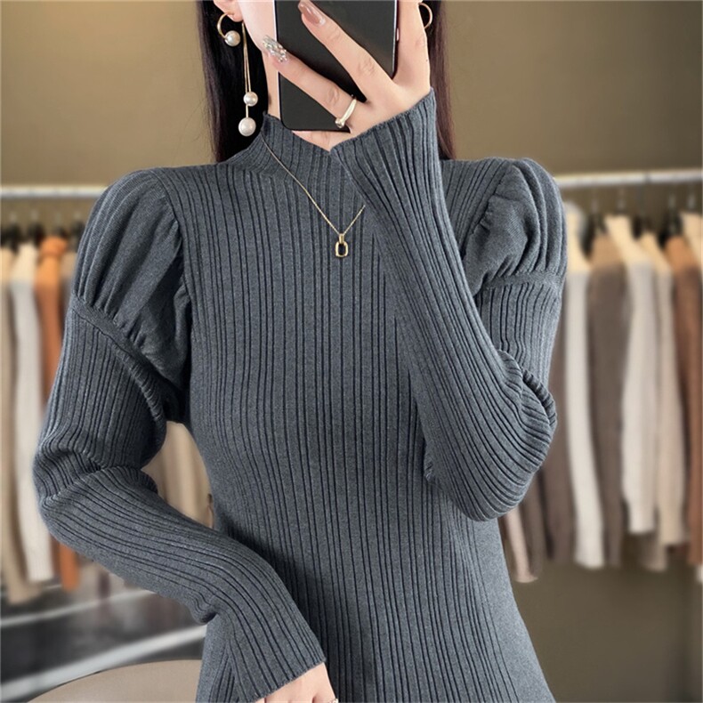 时尚百搭花苞袖高领针织衫修身显瘦仿羊毛毛衣女款,针织衫/毛衣,暖姿羊绒