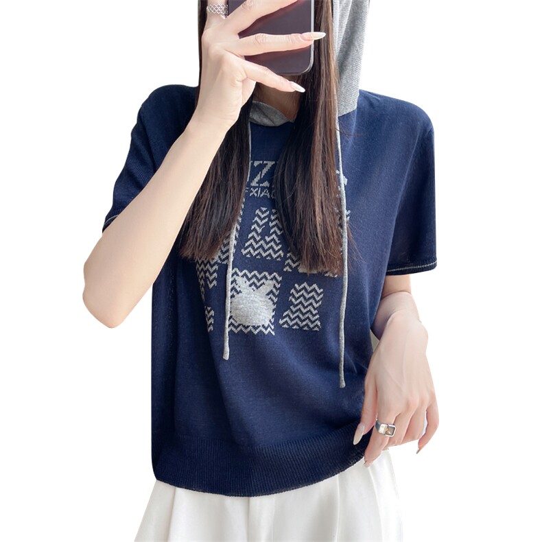 夏季新款天丝苎麻拼色字母帽衫女宽松百搭显瘦时尚休闲上衣,针织衫/毛衣,暖娇绒
