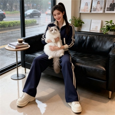 潮牌立领时尚运动套装女秋新款开衫拼接条纹短款外套阔腿裤两件套，女装套装/套裙，2C310