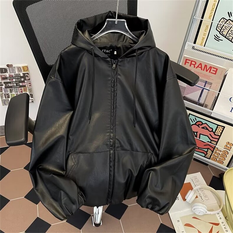 连帽皮衣外套男春秋美式痞帅高级感廓形宽松PU皮夹克2260P75,男装皮衣,星座410-2