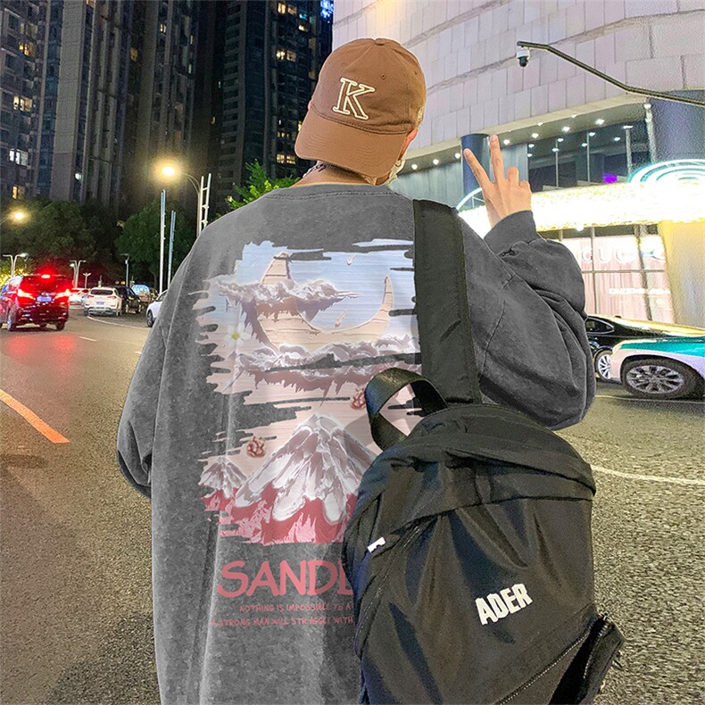 直播品质重磅纯棉美式蜡染水洗做旧潮牌宽松长袖t恤CT303特P38,男装T恤,电商A486